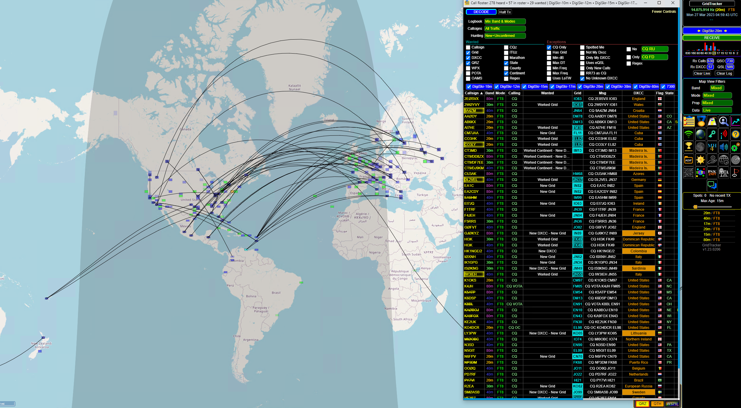 GridTracker with 8 Bands of FT8 Decodes Input via Multicast Network
